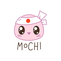Mochi cake with a headband and a smile. Japanese dessert mochi. Vector illustration in cartoon children s style. Isolated funny clipart on a white background. Cute print
