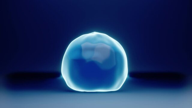 3D motion graphic animation of a gel liquid drop falling to the ground and bouncing off.