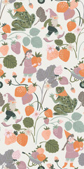 Seamless pattern with gnomes and frog in strawberry garden