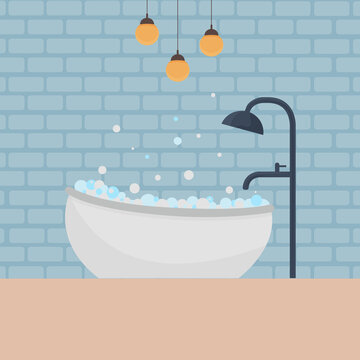 An illustration of the interior of a bathroom with an image of a filled bath with foam, as well as with a shower and a mixer, and lamps hanging from the ceiling. Vector illustration