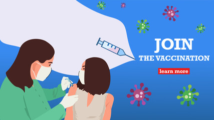 Join the vaccination. Landing page template. Vector illustration with syringe, with doctor and patient and viruses.