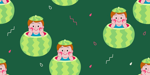 Seamless vector pattern with Watermelon Day theme. Background with cute boy in watermelon. Kids pattern for textile, clothes, wallpaper, gift paper, etc.