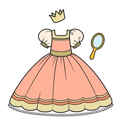 Peach colour ball gown with fluffy skirt, hand mirror and crown princess outfit color variation for coloring page isolated on white background