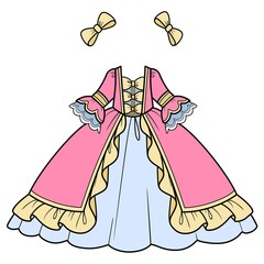Pink and blue ball gown with lush skirt and bows color variation for coloring page isolated on white background