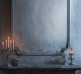 Mystical Halloween still-life background. Skull, candlestick with candles, old fireplace. Horror...