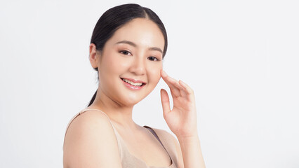 Beauty and skin concept. Young asian woman beauty face make up for skincare cosmetic and showing natural wellness soft and firm and ageless facial skin. younger looking youthful. real acne no retouch.