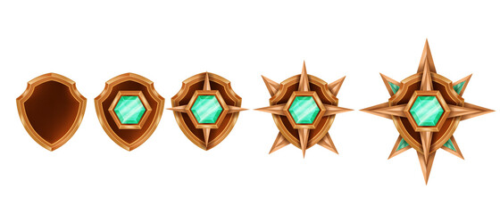 Victory game badge set, vector rank medal award trophy kit, bronze shield, green emerald crystal, star. Fantasy RPG level up winner reward, UI rating emblem, champion achievement. Game gold badge