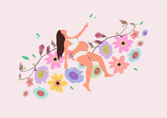 A pregnant woman in white underwear on a background of flowers. Ideal for web resources, postcards and other women's online resources. Vector illustration.