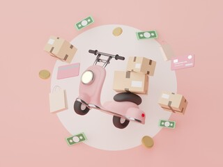 3d render of pastel Scooter delivery for mock up and creative design. Shopping online concept. Online delivery concept with pastel background. Packaging for express