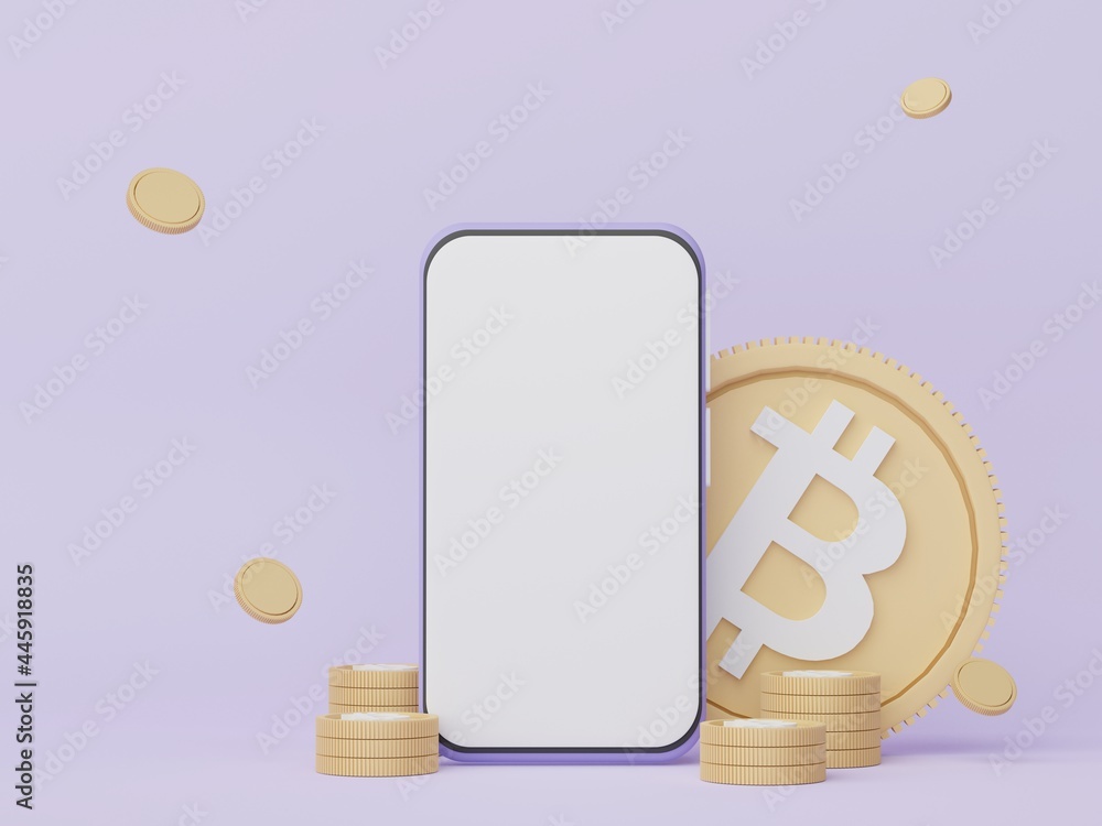 Poster 3d render minimal mini mobile phone or smartphone for work with white copy space and cryptocurrency 