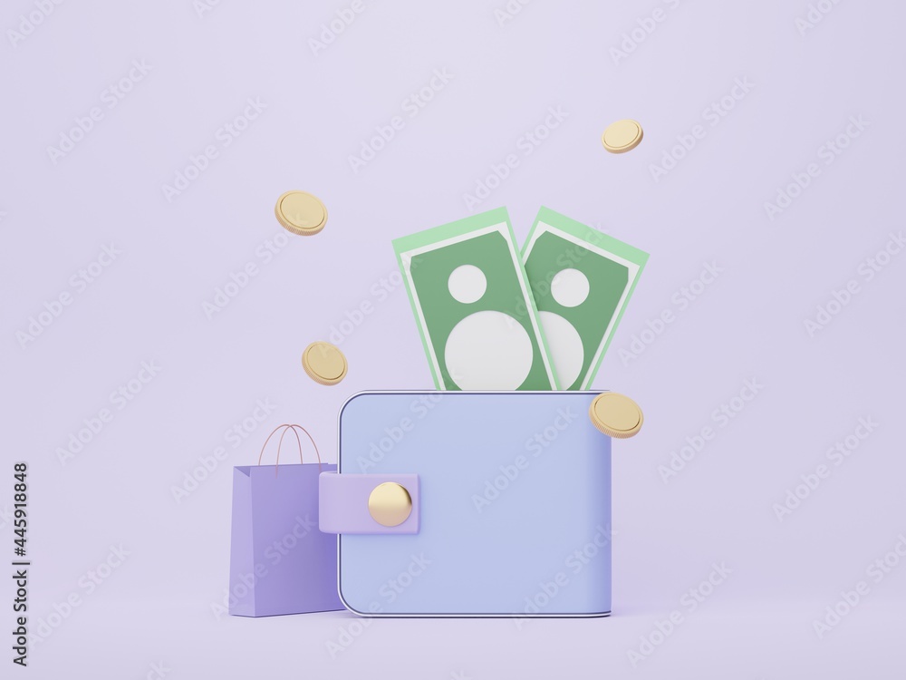 Poster 3d render minimal wallet that around with floating gold coins . money concepts financial planning. o