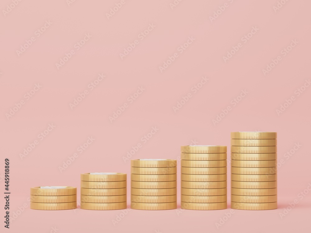 Poster 3d render of golden coins stack in saving money for goal concept. minimal pastel scene. growth finan