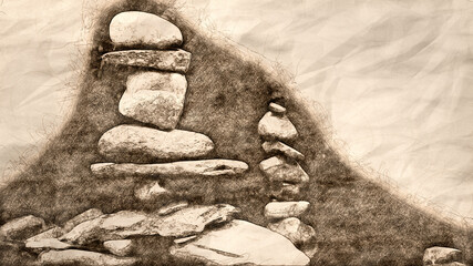 Sketch of Rough Stone Cairns Standing Proudly in the Shallow Creek Water