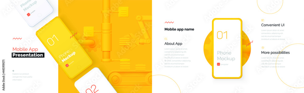 Poster modern presentation of a mobile application. mobile phone mockup on a yellow background with a descr