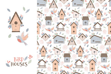 Birds and starling houses pattern. Colorful birdhouses, cute birds and nests, hand drawn isolated on a white background. Cartoon homemade nesting boxes for birds, vector illustration for print.