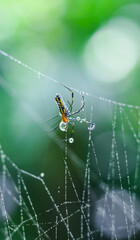 Spider sitting on the web with green background. Dewdrops on spider web (cobweb) closeup with green and bokeh background for the wallpaper.