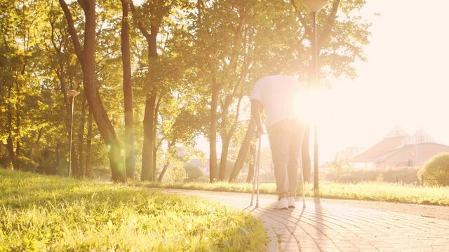 Disabled African-American man is walking with a walker. Handicapped patient in the park. Assistance, rehabilitation and health care. Golden hour sunset.