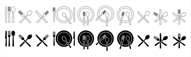Set of spoon, Fork, knife and plate icon set, menu logo, Silhouette of cutlery. Tableware Vector illustration.