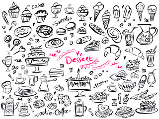 Set of doodle sweets food on white. Vector illustration. Cakes, biscuits, baking, cookie, pastries, donut, ice cream, macaroons, coffee. Perfect for dessert menu or food package design.
