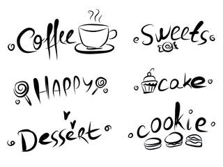 Set of lettering sweets food, cake, cookie, coffee, dessert on white. Vector illustration. Perfect for dessert menu or food package design.