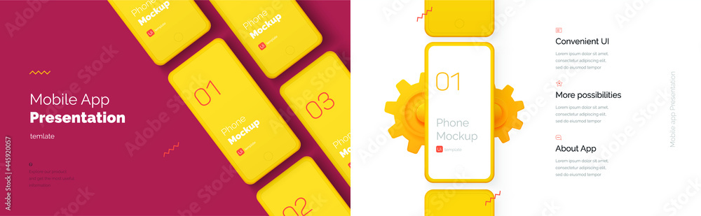 Poster modern presentation of a mobile application. mobile phone mockup on a yellow background with a descr