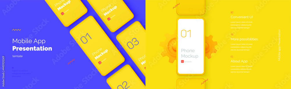 Poster modern presentation of a mobile application. mobile phone mockup on a yellow background with a descr