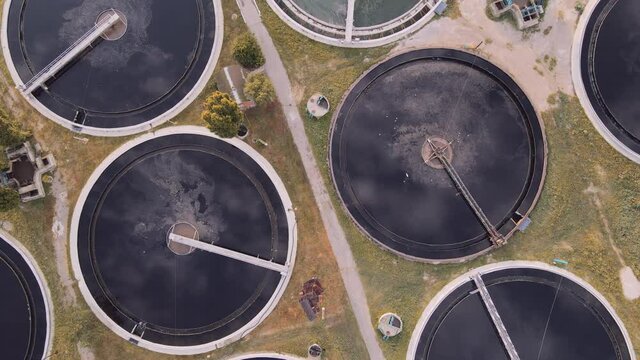 Aerial top view recirculation sedimentation tank, water treatment plant
