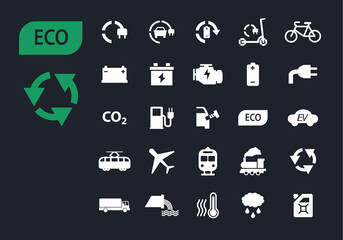 Ecology icon set with green electric transport, eco technology, renewable energy, environment pollution, ecological transport and recycling glyph symbols