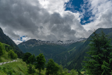 Valley near Kreealm waterfall in Austria Alps mountains on big wall