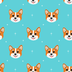 Seamless pattern with head corgi and stars. Cartoon design animal character flat vector style. Baby texture for fabric, wrapping, textile, wallpaper, clothing. Funny little doggy.