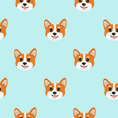 Seamless pattern with head corgi. Cartoon design animal character flat vector style. Baby texture for fabric, wrapping, textile, wallpaper, clothing. Funny little doggy.