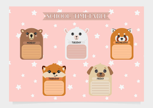 School timetable for kids with cute animals. Vector illustration. Cute bear, alpaca, red panda, fox and pug.