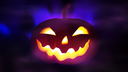 3d rendering lantern light pumpkin with face smile in dark background which have violet and dark blue color light ray on smoke  , halloween decoration concept.