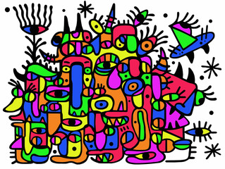 Abstract drawing of black lines painted in different colors.Backgrounds and textures	