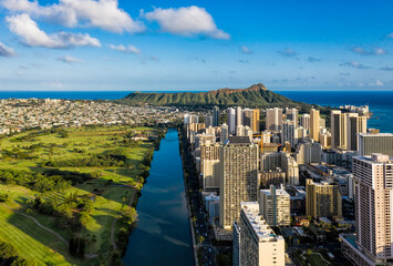 Tall buildings at Waikiki Beach, Wai Canal and famous Diamond Head Mountain in Honolulu, Hawaii