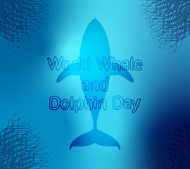 World Whale and Dolphin Day lettering. The mammal in ocean with seaweed bottom view