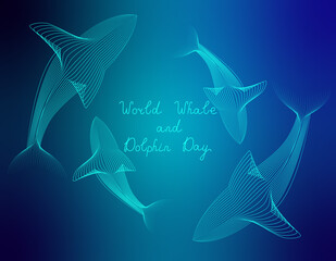 World Whale and Dolphin Day handwritten lettering. Group of mammals circling bottom view in line art style