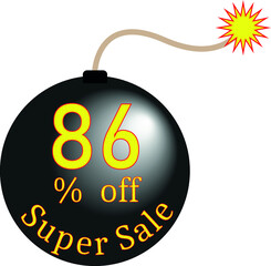 bomb 86 percent off black. discount banner. Super sale 86% off, banner for promotions, discounts, special offers, black friday, vector image.