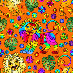Seamless pattern with lions, bright rainbow animals, flowers and leaves on a orange background