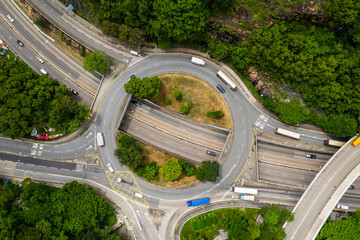 Top down view of Hong Kong traffic roundabout