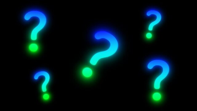 Large blue and green glowing question marks in various sizes sway left and right. Seamless loop animation with alpha channel. 