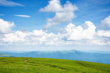 Fototapeta premium idyllic summer landscape. grassy meadow and high peak in the distance. sunny weather with fluffy clouds on the blue sky. green and blue color in nature