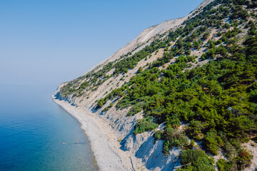 Coastline with blue sea and highest cliff with pine trees. Summer on sea. Aerial view