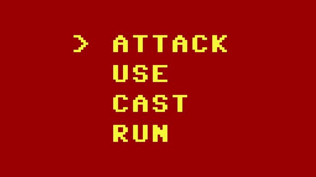 A typical list of choices from an imaginary 8-bit video game: attack, use, cast, run; the arrow-shaped cursor exploring every voice; changing screen colors.
