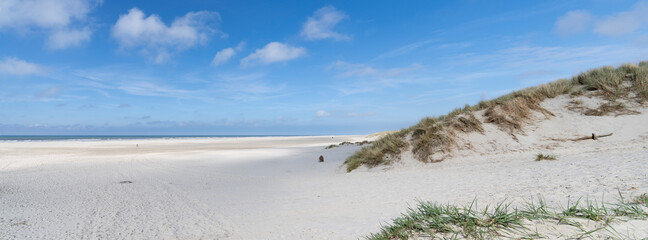 Panorama White sand beach at the Northsea side of The Wadden island Terschelling with dunes and sea Netherlands Europe