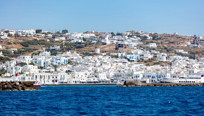 Mykonos island Cyclades Greece. Chora cityscape and port.