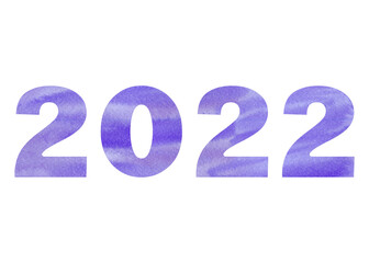 Purple watercolor 2022 numbers isolated on white background. New Year and holidays illustration.