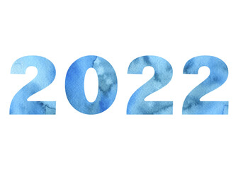 Blue watercolor 2022 numbers isolated on white background. New Year and holidays illustration.