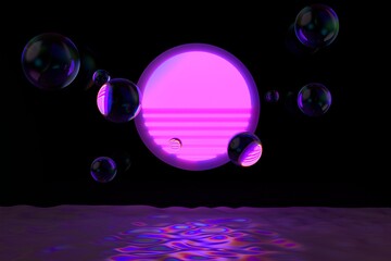 Sci-fi synthwave style 3D illustration with neon sun above the sea.