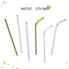 Bring your own straw. Multi-rose straws for drinks. Eco metal straws. Realistic straws for drinks. Vector illustration on white background. 